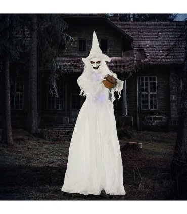 72 Inch Halloween White Witch Holding Pumpkin Skeleton Ghost Motion Lighted Up