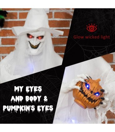72 Inch Halloween White Witch Holding Pumpkin Skeleton Ghost Motion Lighted Up