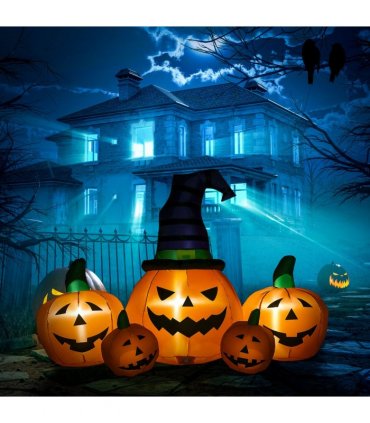 6ft Inflatable Halloween Large Pumpkin Hat with Four Small Pumpkins Blow-Up LED