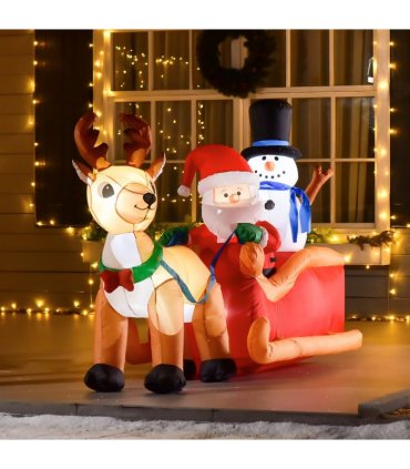 4ft Christmas Inflatable Santa Claus on Sleigh Deer LED Lighted Indoor Outdoor