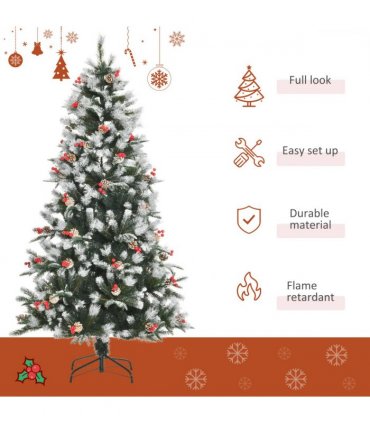 6FT Artificial SnowDipped Christmas Tree Foldable Berries White Pinecones Green