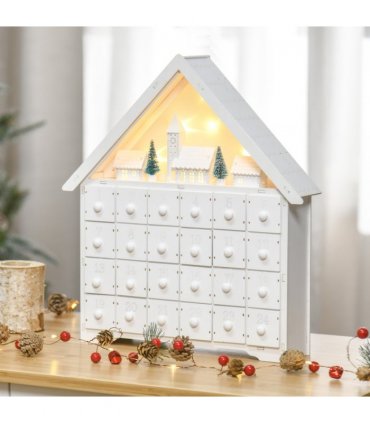 24-Drawer Christmas Advent Calendar Wooden Light-Up Countdown White