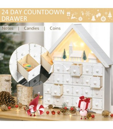 24-Drawer Christmas Advent Calendar Wooden Light-Up Countdown White
