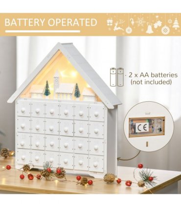24-Drawer Christmas Advent Calendar Wooden Light-Up Countdown White