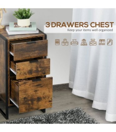 Industrial 3-Drawer Storage Chest Metal Frame Freestanding Unit Brown