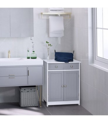 Bathroom Cabinet Grey White MDF 2-Drawer Freestanding 60cmx30cmx75cm Storage