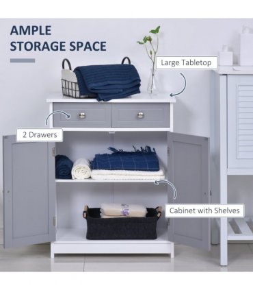 Bathroom Cabinet Grey White MDF 2-Drawer Freestanding 60cmx30cmx75cm Storage