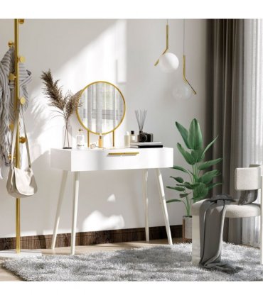 HOMCOM Modern Dressing Table w/ 2 Drawers Round Mirror for Bedroom White