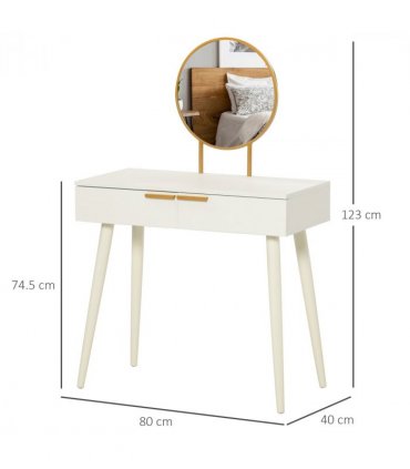 HOMCOM Modern Dressing Table w/ 2 Drawers Round Mirror for Bedroom White
