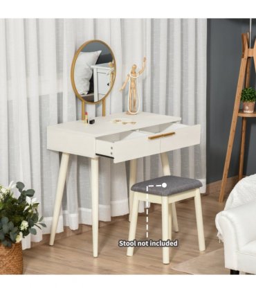 HOMCOM Modern Dressing Table w/ 2 Drawers Round Mirror for Bedroom White
