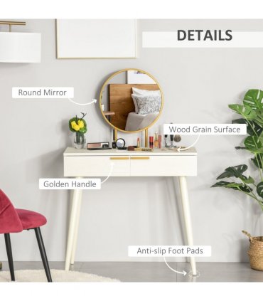 HOMCOM Modern Dressing Table w/ 2 Drawers Round Mirror for Bedroom White