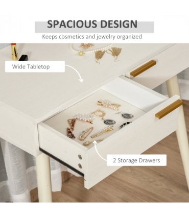 HOMCOM Modern Dressing Table w/ 2 Drawers Round Mirror for Bedroom White