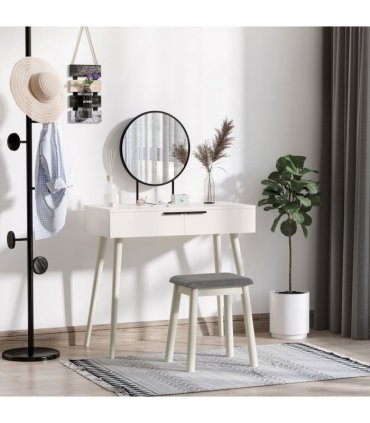 Dressing Table Vanity Set Makeup Desk with Round Mirror Cushioned Stool White