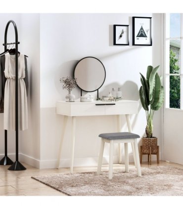 Dressing Table Vanity Set Makeup Desk with Round Mirror Cushioned Stool White