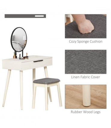Dressing Table Vanity Set Makeup Desk with Round Mirror Cushioned Stool White