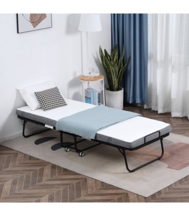 Folding Bed with 10cm Mattress, Portable Foldable Guest Bed Metal Frame