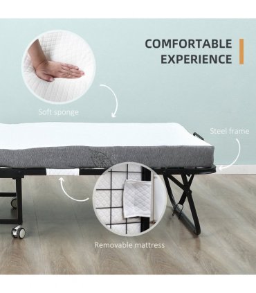 Folding Bed with 10cm Mattress, Portable Foldable Guest Bed Metal Frame