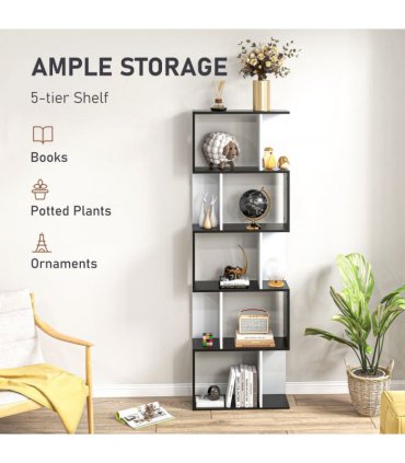 5-tier Bookcase Storage Display Shelving S Shape design Unit Divider Black