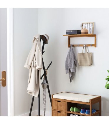 Wall Mounted Coat Rack Natural Wood Finish 50 cm x 16 cm x 17.5 cm Sturdy Hooks