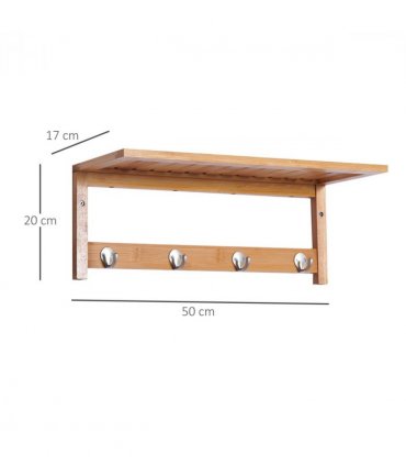 Wall Mounted Coat Rack Natural Wood Finish 50 cm x 16 cm x 17.5 cm Sturdy Hooks