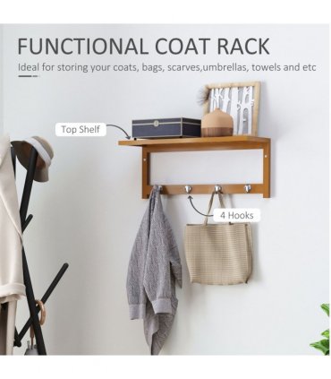 Wall Mounted Coat Rack Natural Wood Finish 50 cm x 16 cm x 17.5 cm Sturdy Hooks