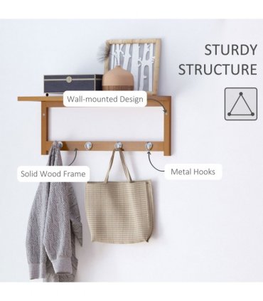Wall Mounted Coat Rack Natural Wood Finish 50 cm x 16 cm x 17.5 cm Sturdy Hooks