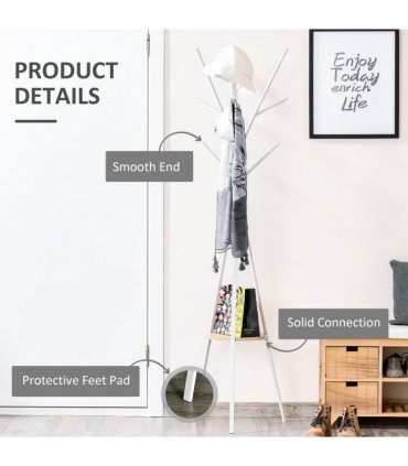 180cm Coat Rack Metal Clothes and Scarves Hat Hanger Hall Tree 9 Hooks-White