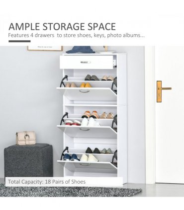 Shoe Cabinet 4 Drawers Storage with Flip Doors Shelves for 18 Pairs White
