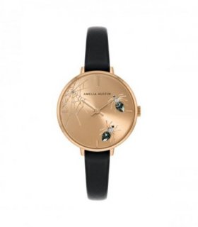 Amelia Austin Ladies Spider Black Leather Strap Grey Stone Set Etched Dial Watch AA2004