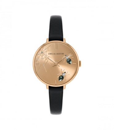 Amelia Austin Ladies Spider Black Leather Strap Grey Stone Set Etched Dial Watch AA2004