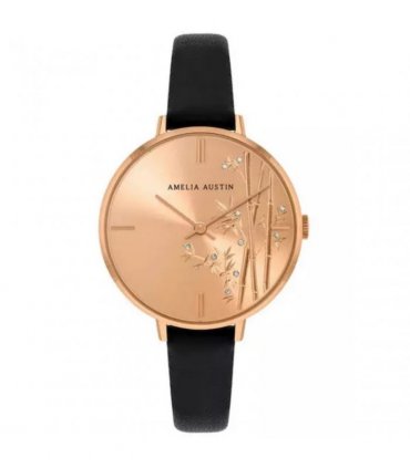 Amelia Austin Ladies Bamboo Black Leather Strap Clear Stone Set Etched Dial Watch AA2016