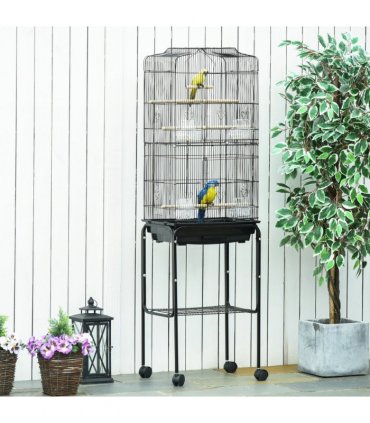 Bird Cage Metal Budgie Cages W/ Rolling Stand Slide-out Tray Storage Shelf Black
