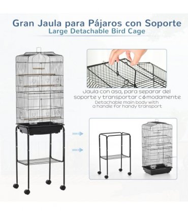Bird Cage Metal Budgie Cages W/ Rolling Stand Slide-out Tray Storage Shelf Black