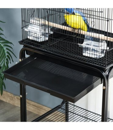 Bird Cage Metal Budgie Cages W/ Rolling Stand Slide-out Tray Storage Shelf Black