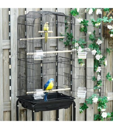Bird Cage Metal Budgie Cages W/ Rolling Stand Slide-out Tray Storage Shelf Black