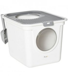 Cat Litter Tray Pet Litter Box Toilet w/ Front Entrance, Top Exit, Scoop - White