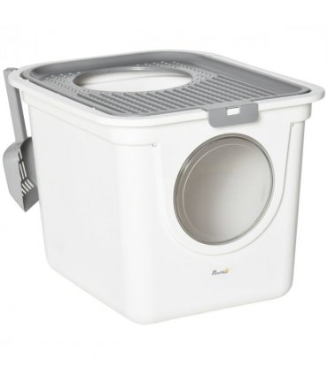 Cat Litter Tray Pet Litter Box Toilet w/ Front Entrance, Top Exit, Scoop - White