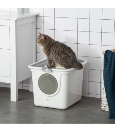 Cat Litter Tray Pet Litter Box Toilet w/ Front Entrance, Top Exit, Scoop - White