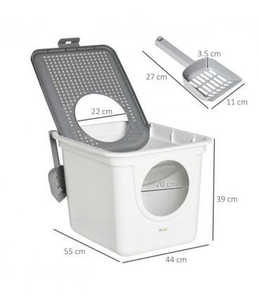 Cat Litter Tray Pet Litter Box Toilet w/ Front Entrance, Top Exit, Scoop - White
