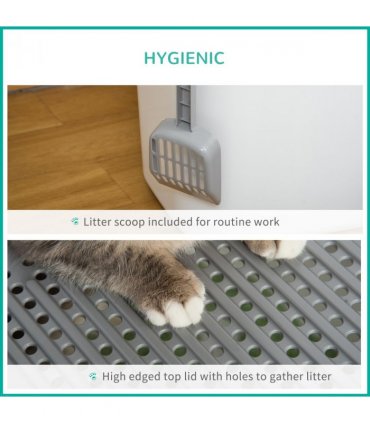 Cat Litter Tray Pet Litter Box Toilet w/ Front Entrance, Top Exit, Scoop - White