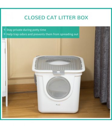 Cat Litter Tray Pet Litter Box Toilet w/ Front Entrance, Top Exit, Scoop - White