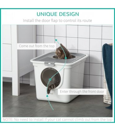 Cat Litter Tray Pet Litter Box Toilet w/ Front Entrance, Top Exit, Scoop - White