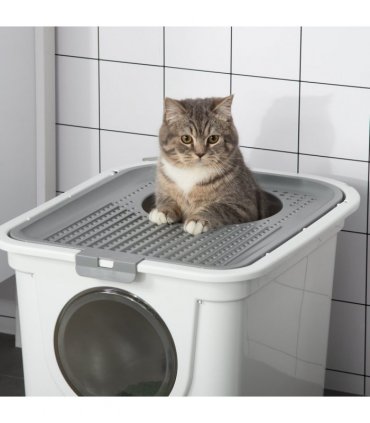 Cat Litter Tray Pet Litter Box Toilet w/ Front Entrance, Top Exit, Scoop - White
