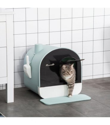 Hooded Cat Litter Tray Green Plastic 43L x 44W x 47H cm Scoop Filter Flap Door