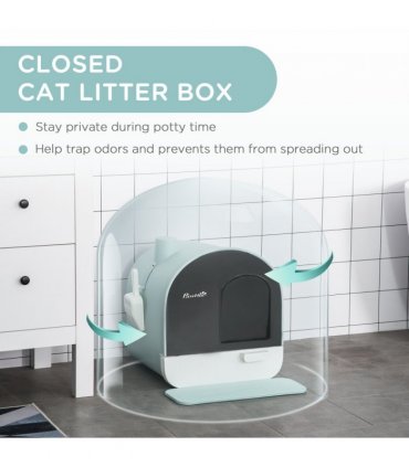Hooded Cat Litter Tray Green Plastic 43L x 44W x 47H cm Scoop Filter Flap Door