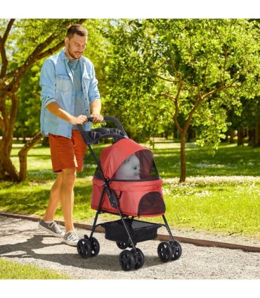 Pet Stroller No-Zip Foldable Travel Carriage with Brake Basket Adjustable Canopy