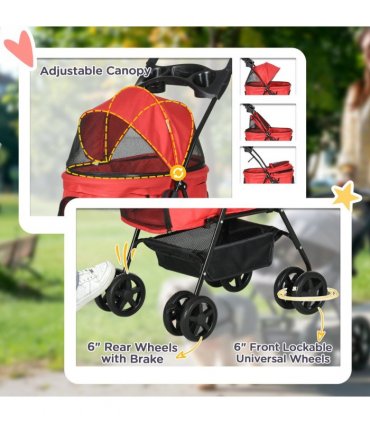 Pet Stroller No-Zip Foldable Travel Carriage with Brake Basket Adjustable Canopy