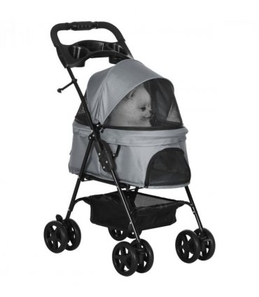 Pet Stroller No-Zip Foldable Travel Carriage with Brake Basket Adjustable Canopy