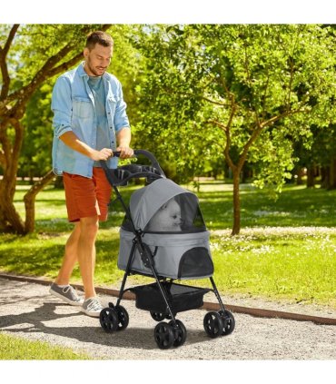Pet Stroller No-Zip Foldable Travel Carriage with Brake Basket Adjustable Canopy
