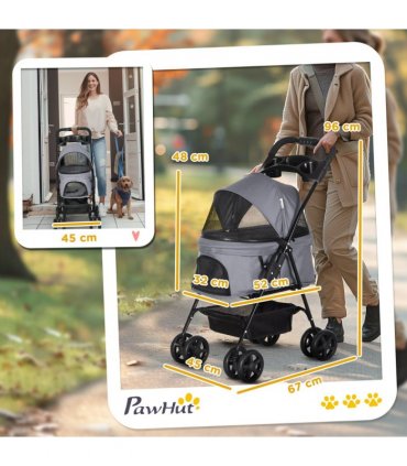 Pet Stroller No-Zip Foldable Travel Carriage with Brake Basket Adjustable Canopy